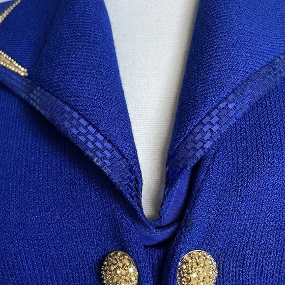 ST JOHN Evening Size 8 Royal Blue Santana Knit Blazer Jacket Removable Collar - Picture 4 of 11